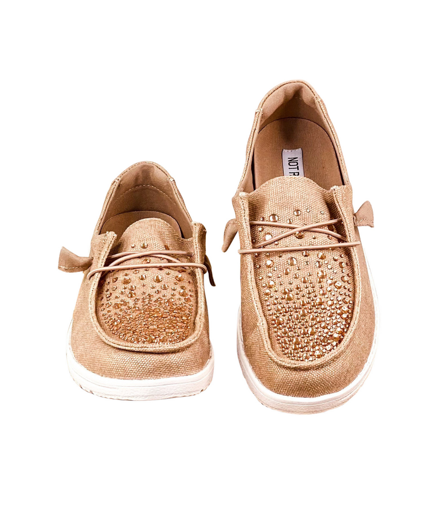 Maco Water Drop Rose Gold Rhinestone Flats with cushioned footbed and heat-pressed rhinestones