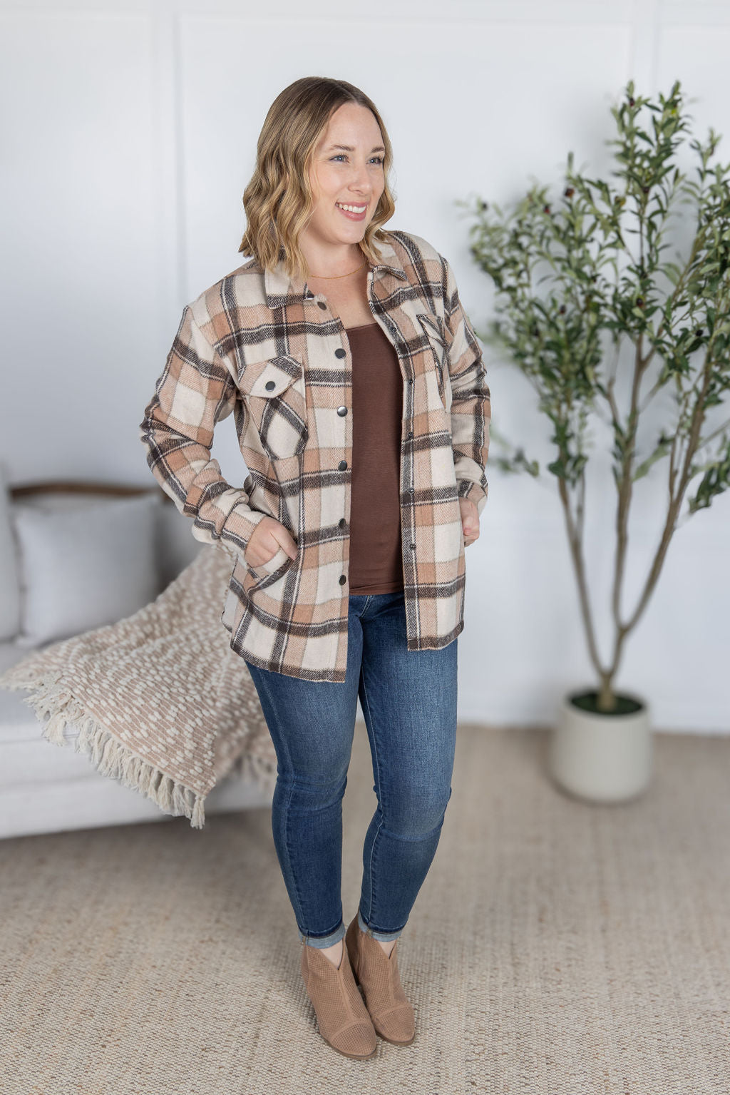 Norah Plaid Shacket in Beige plaid with snap button front and chest pockets.