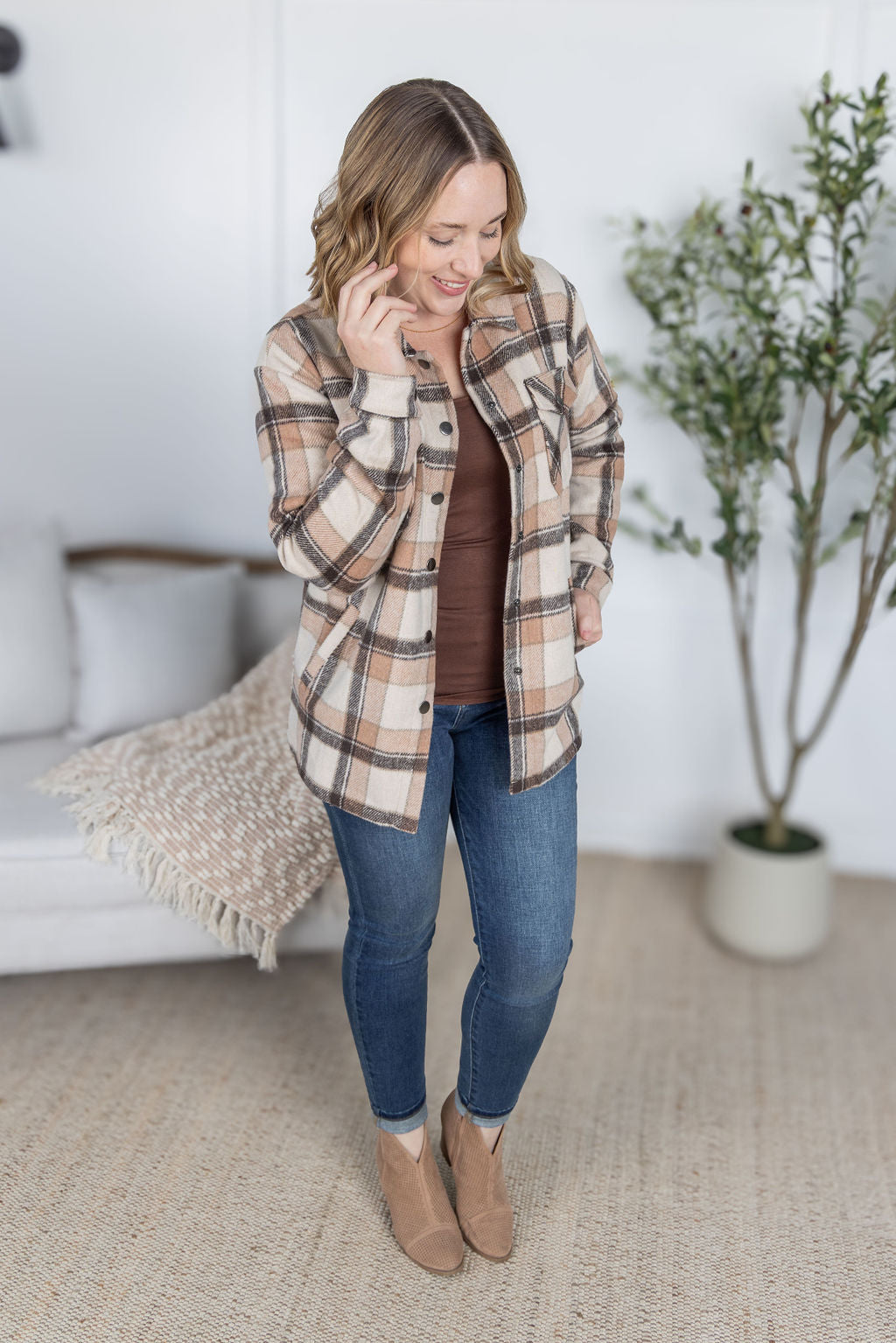 Norah Plaid Shacket in Beige plaid with snap button front and chest pockets.