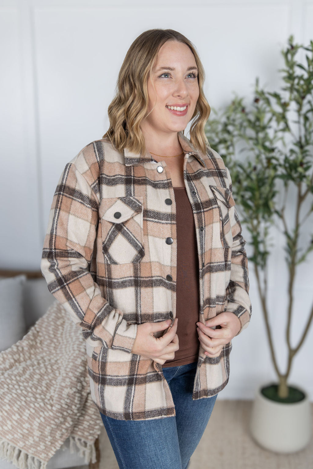 Norah Plaid Shacket in Beige plaid with snap button front and chest pockets.