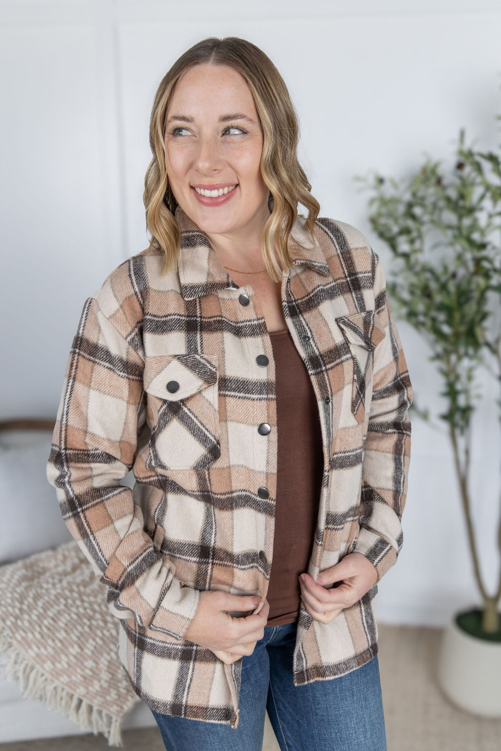 Norah Plaid Shacket in Beige plaid with snap button front and chest pockets.