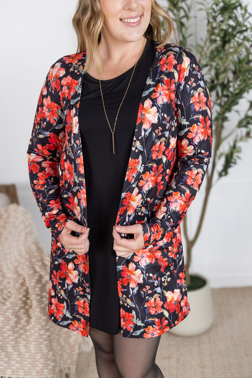 Classic Cardigan in sunset floral print with open front and pockets