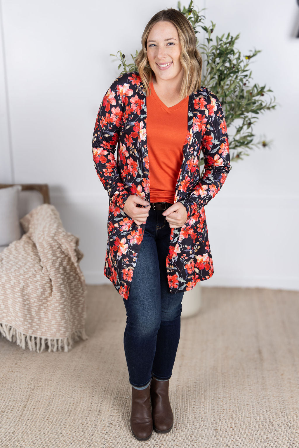 Classic Cardigan in sunset floral print with open front and pockets