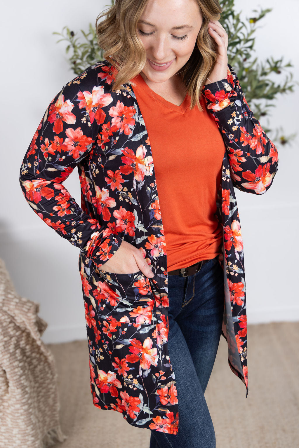 Classic Cardigan in sunset floral print with open front and pockets