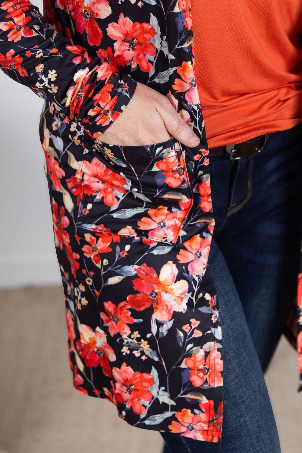 Classic Cardigan in sunset floral print with open front and pockets