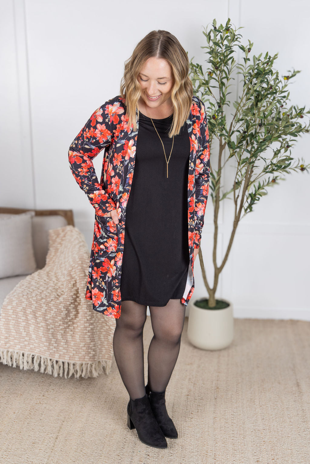 Classic Cardigan in sunset floral print with open front and pockets