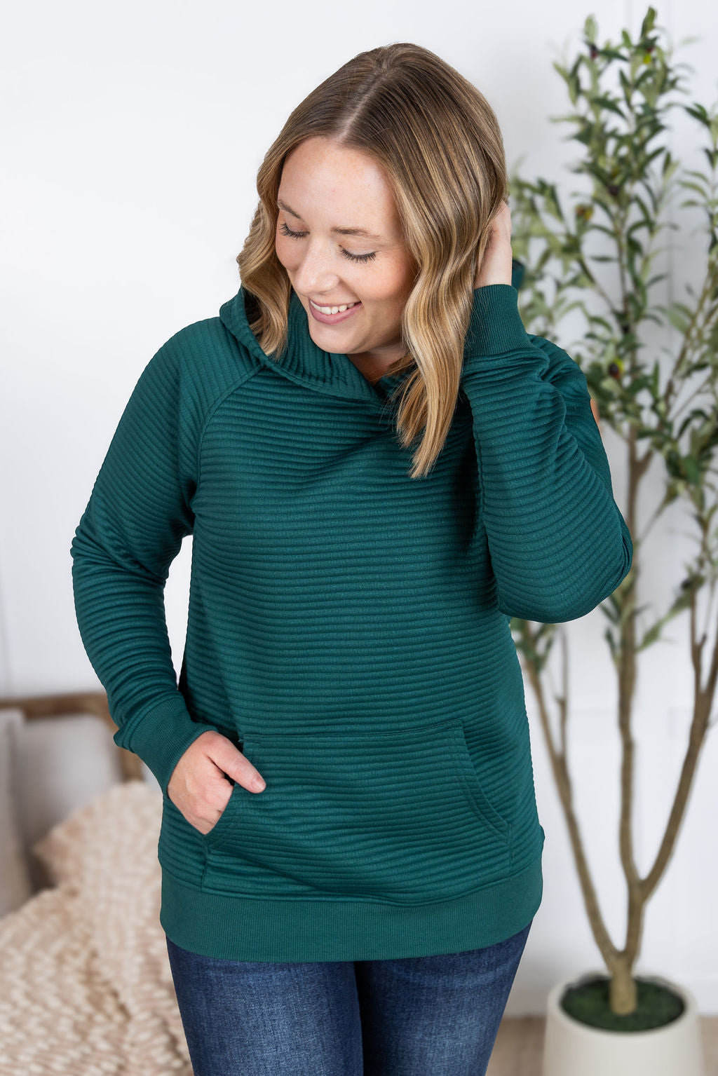 Tatum Pullover Hoodie in hunter green with ribbed texture and kangaroo pocket