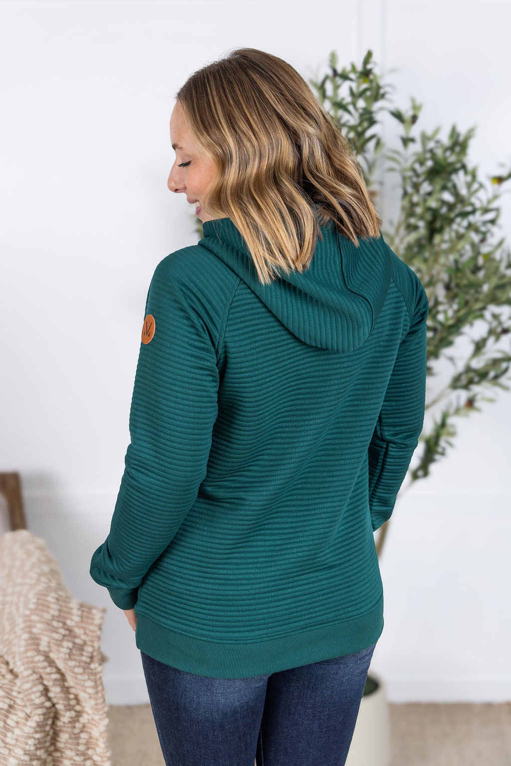 Tatum Pullover Hoodie in hunter green with ribbed texture and kangaroo pocket