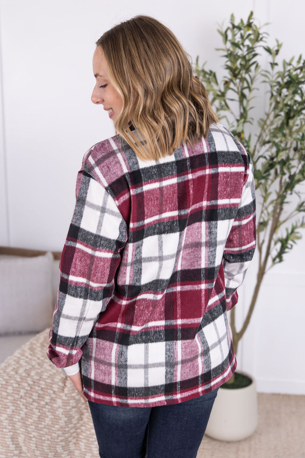 Norah Plaid Shacket in deep wine plaid with snap button closure.