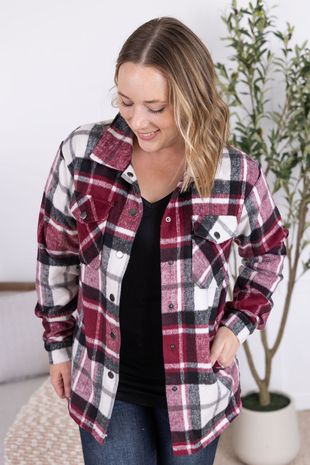 Norah Plaid Shacket in deep wine plaid with snap button closure.