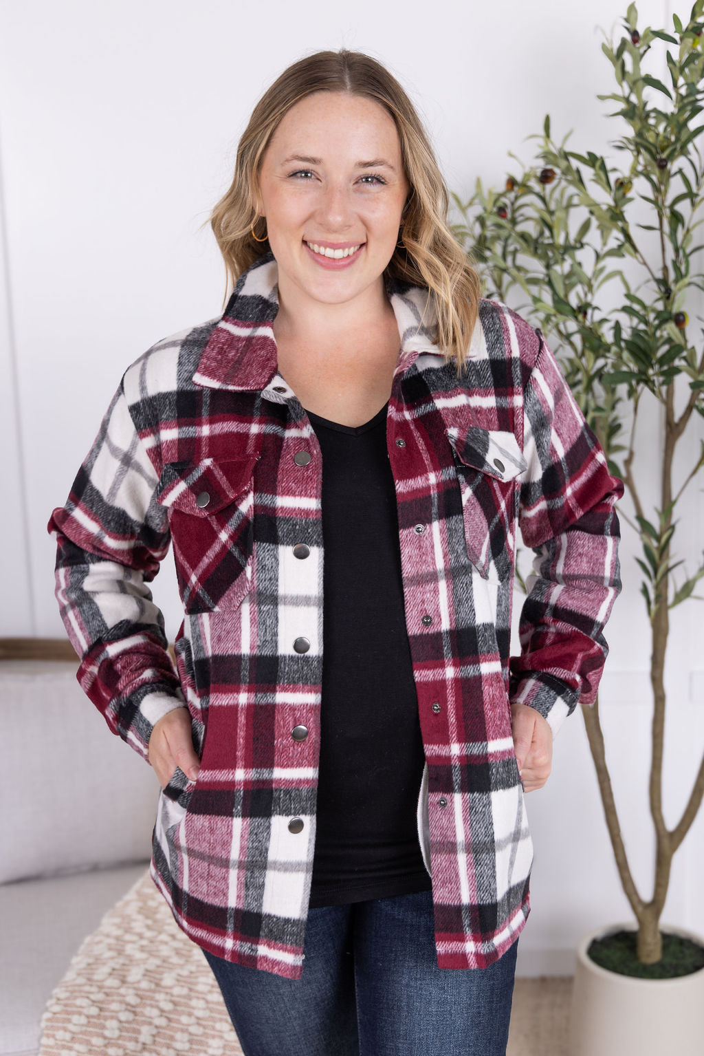 Norah Plaid Shacket in deep wine plaid with snap button closure.