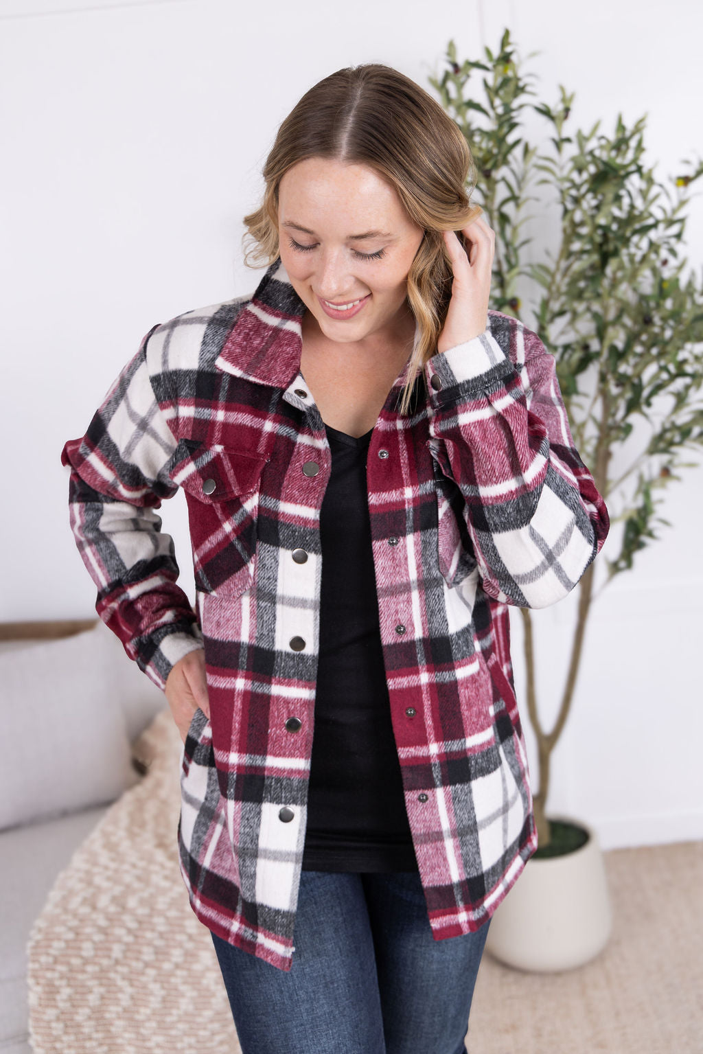 Norah Plaid Shacket in deep wine plaid with snap button closure.