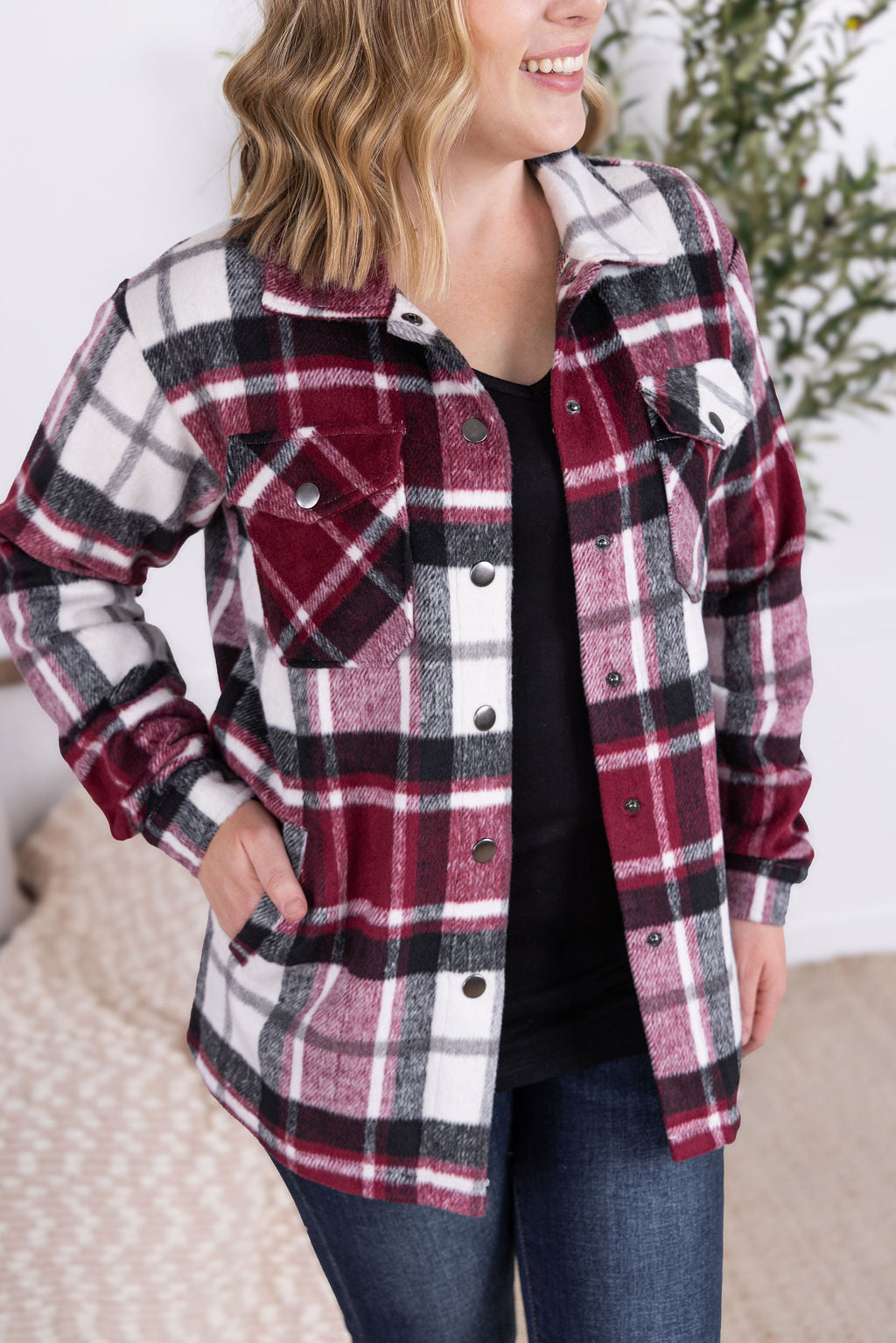 Norah Plaid Shacket in deep wine plaid with snap button closure.
