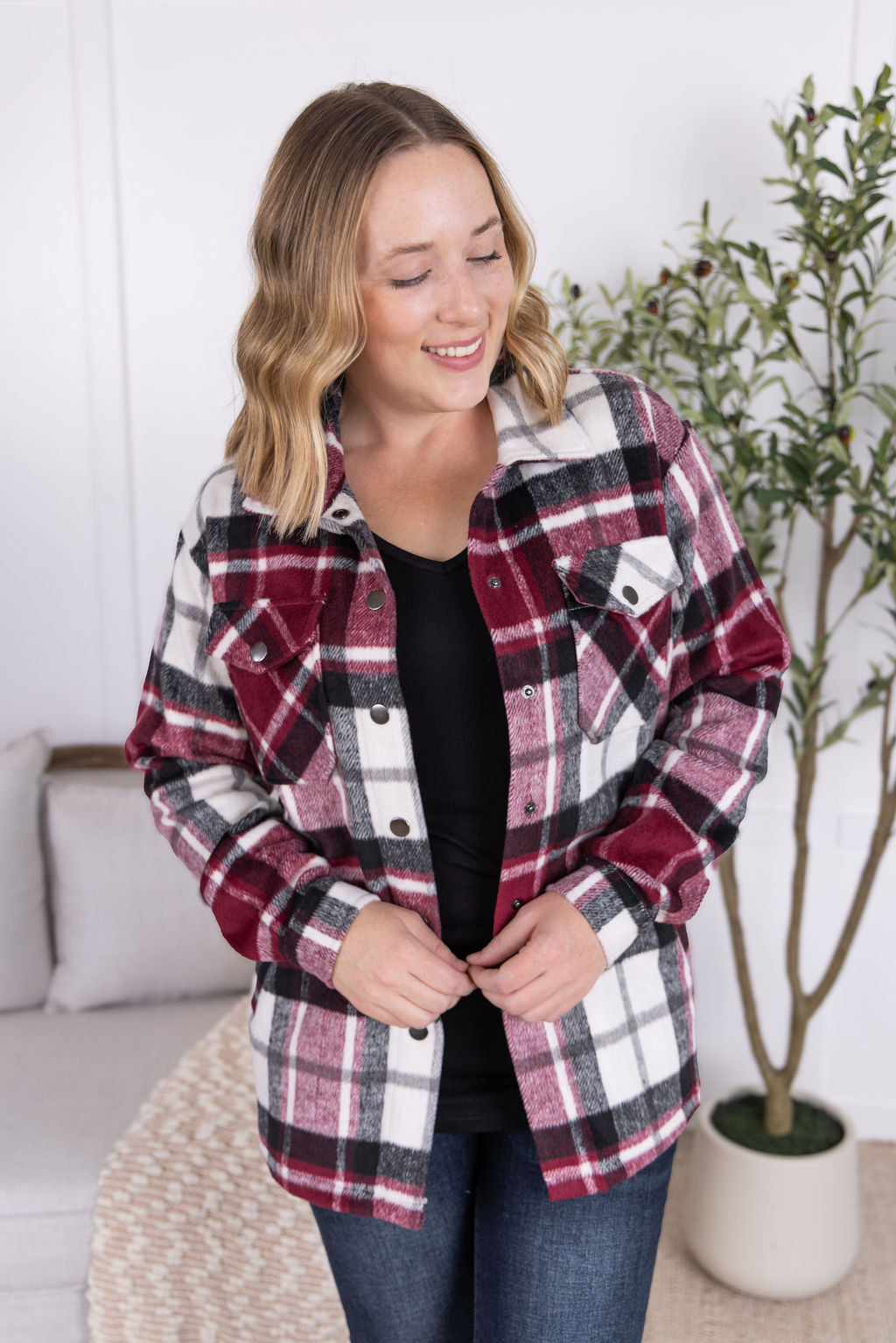 Norah Plaid Shacket in deep wine plaid with snap button closure.