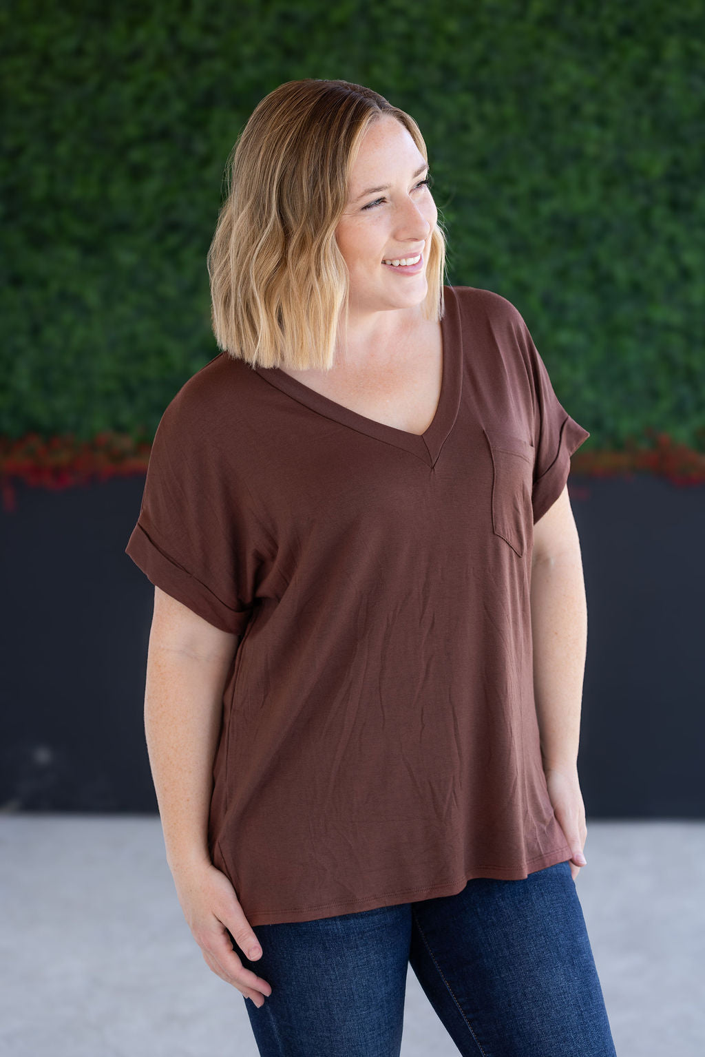 Michelle Mae Sierra Pocket Top in Brown with cuff sleeves and chest pocket