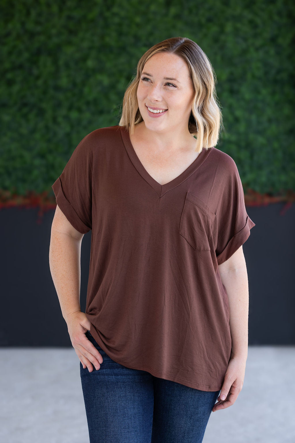 Michelle Mae Sierra Pocket Top in Brown with cuff sleeves and chest pocket