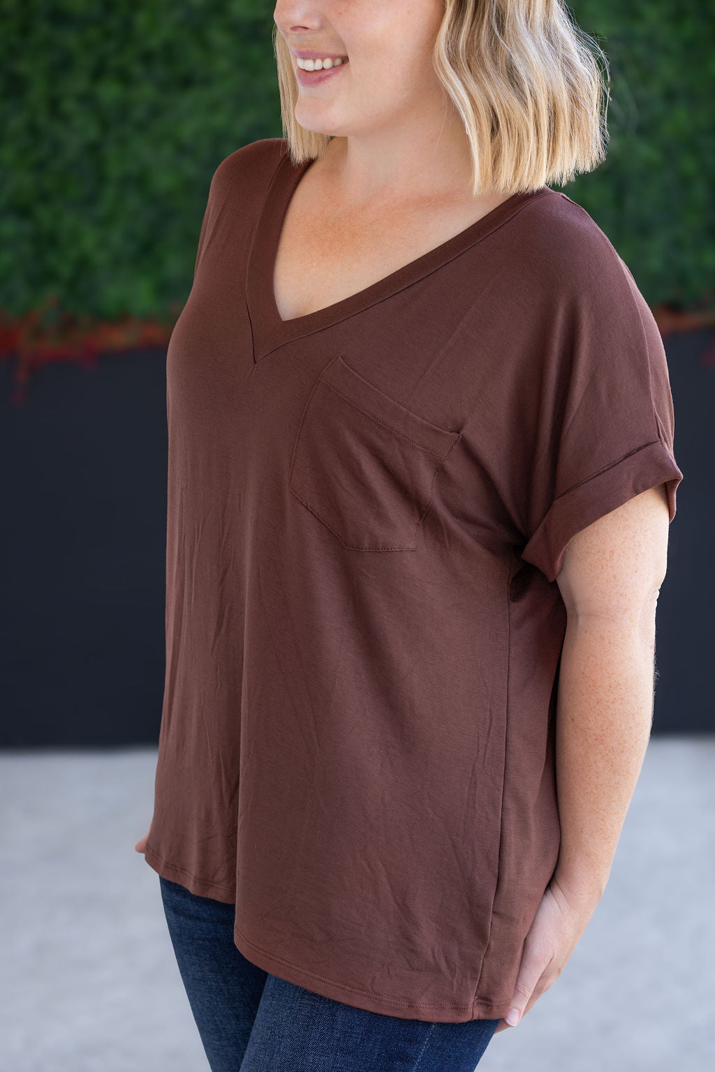 Michelle Mae Sierra Pocket Top in Brown with cuff sleeves and chest pocket