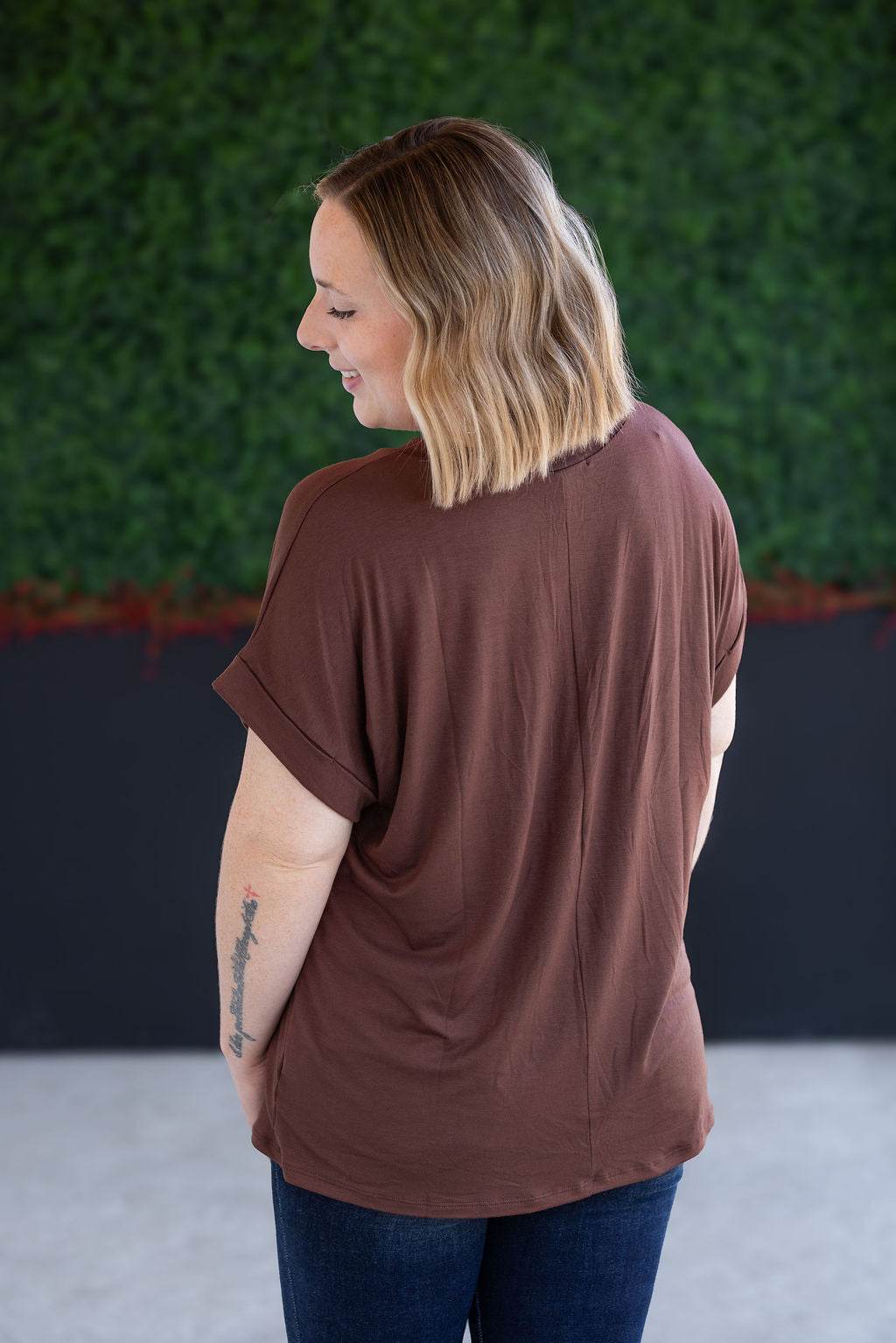 Michelle Mae Sierra Pocket Top in Brown with cuff sleeves and chest pocket