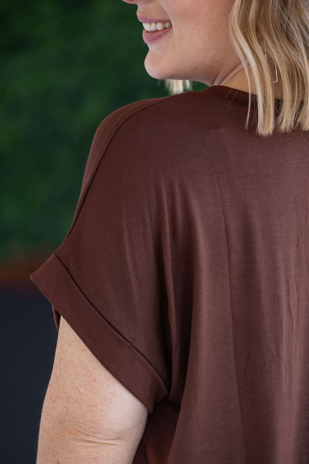 Michelle Mae Sierra Pocket Top in Brown with cuff sleeves and chest pocket
