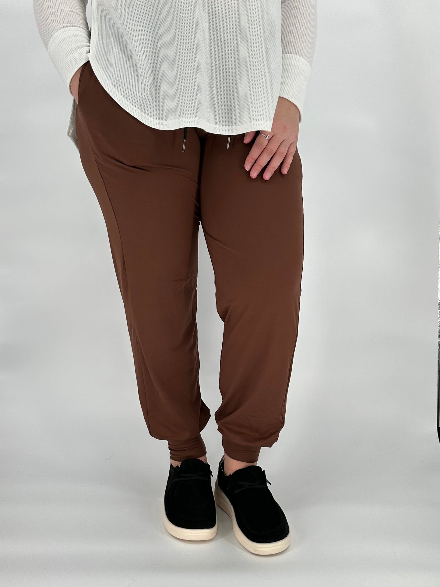 True Brown Joggers with Pockets featuring yoga waistband and soft stretch fabric