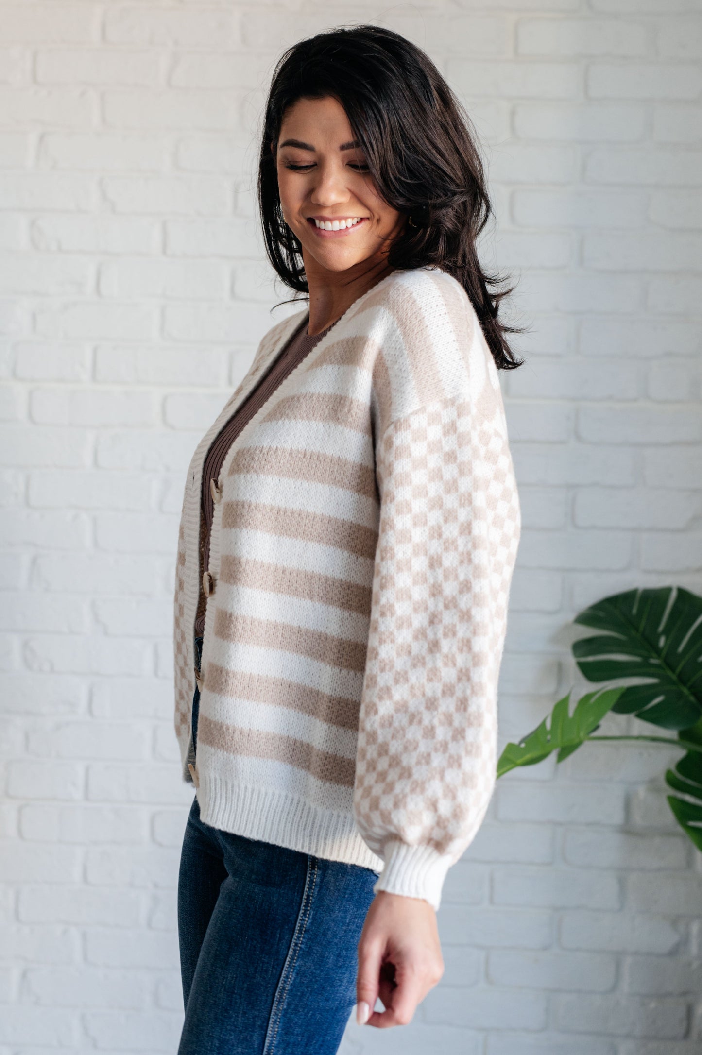 Neutral check stripe cardigan with beige and ivory pattern and button front