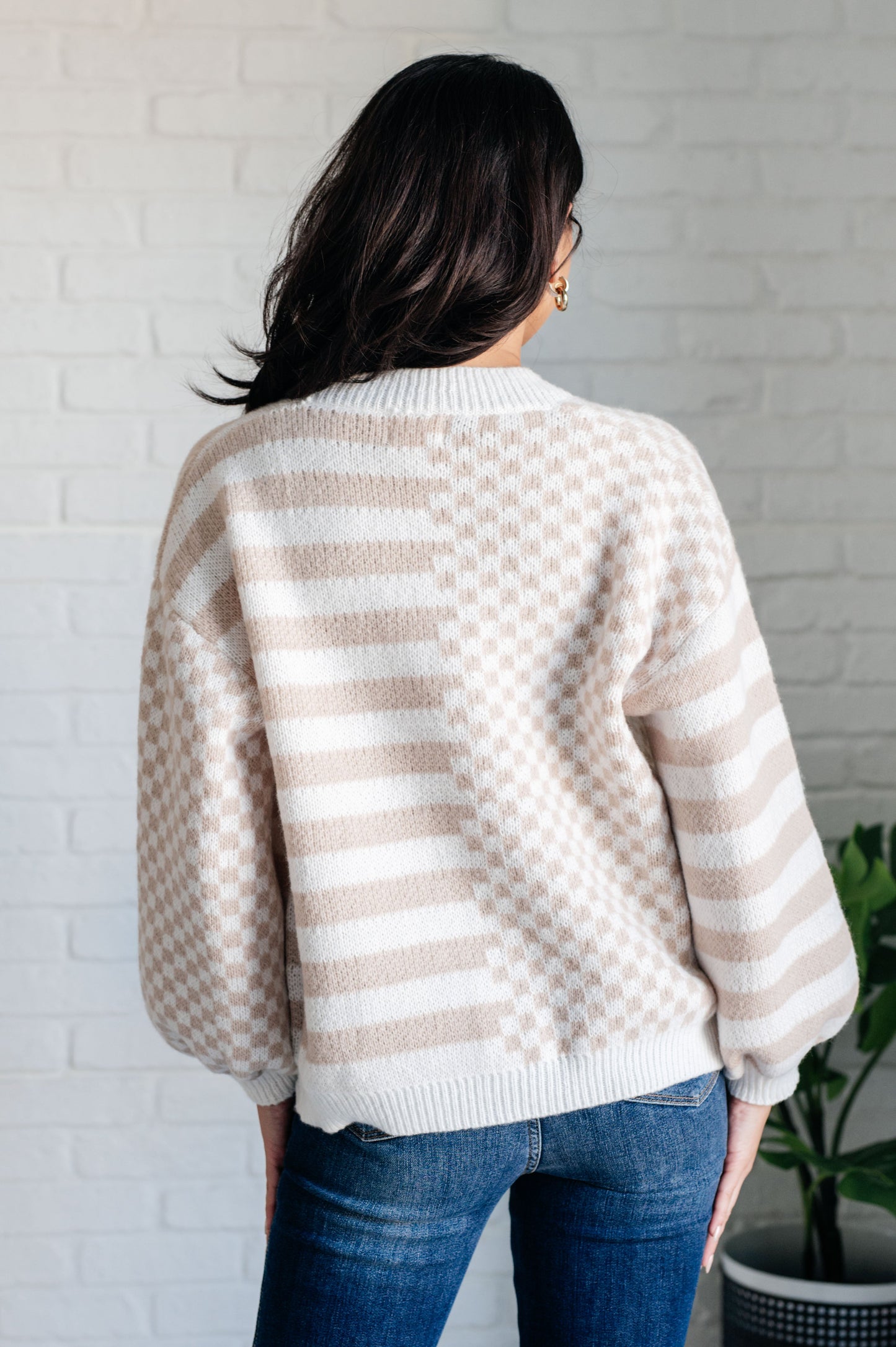 Neutral check stripe cardigan with beige and ivory pattern and button front