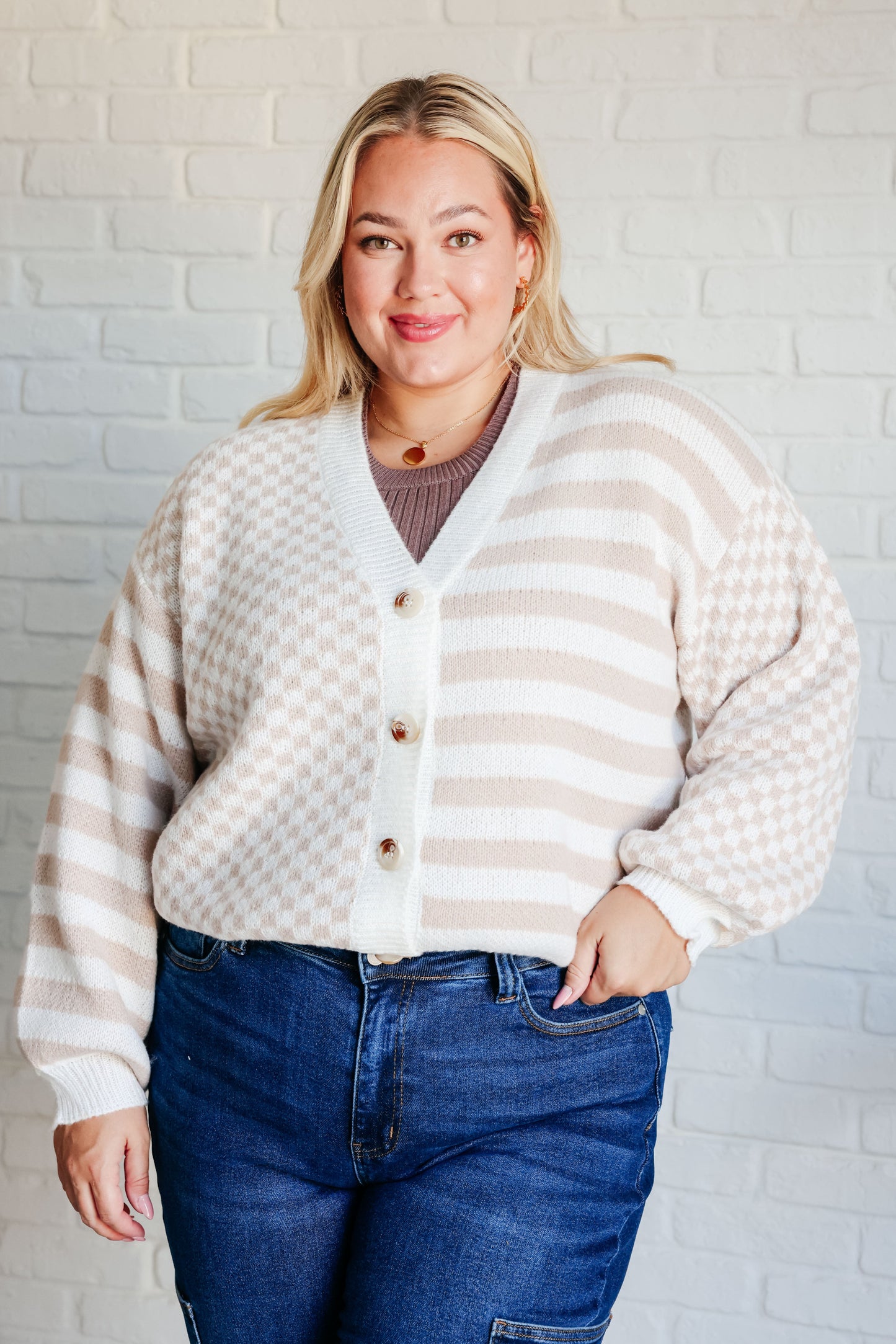 Neutral check stripe cardigan with beige and ivory pattern and button front