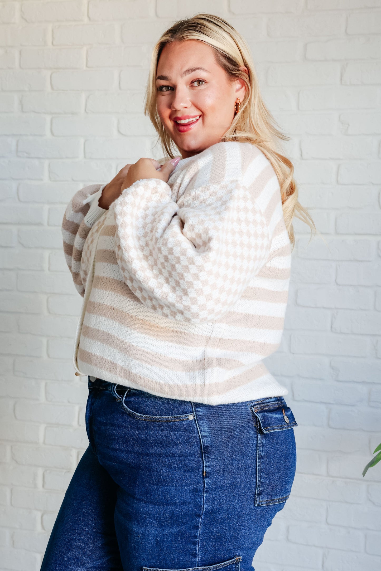 Neutral check stripe cardigan with beige and ivory pattern and button front