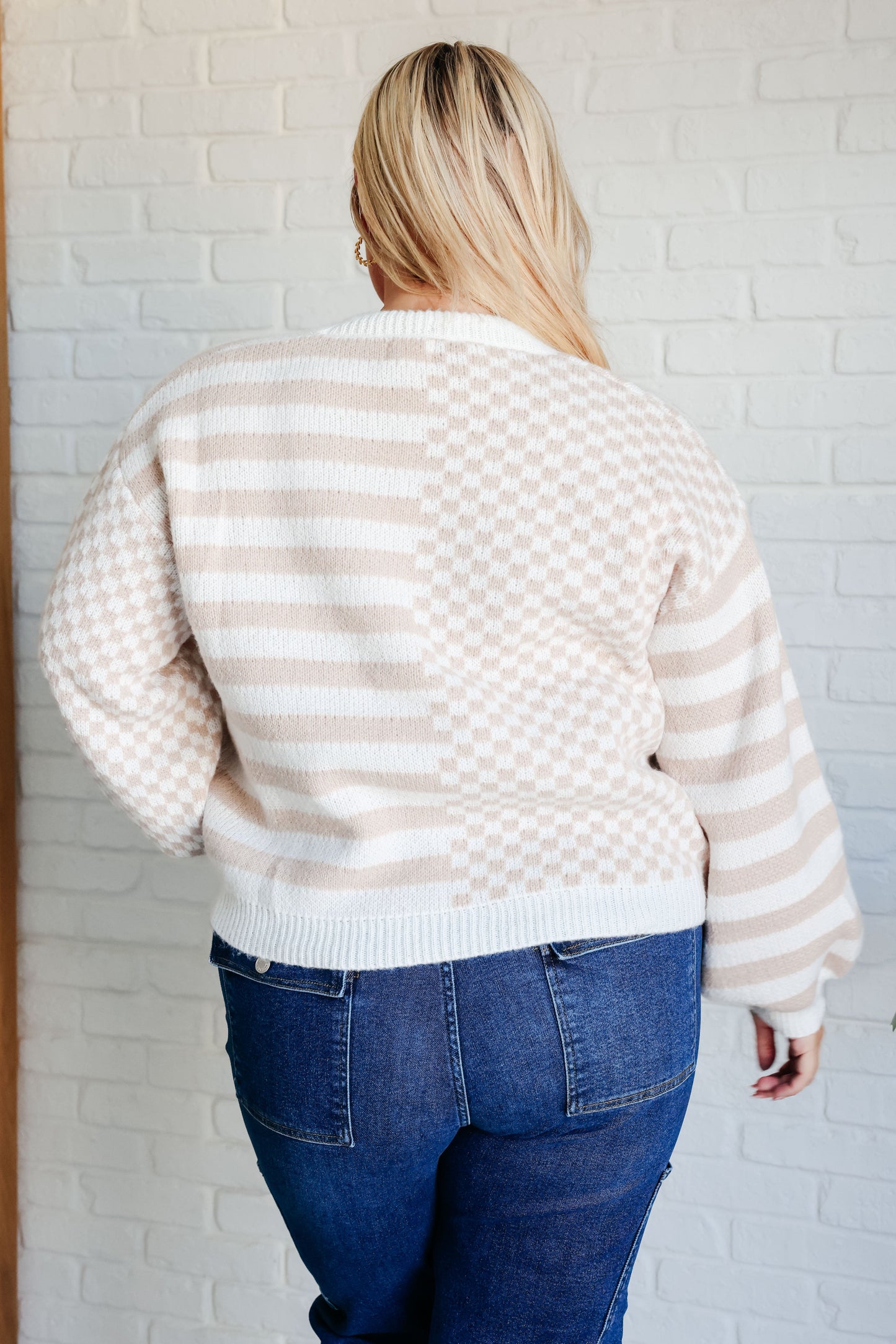 Neutral check stripe cardigan with beige and ivory pattern and button front