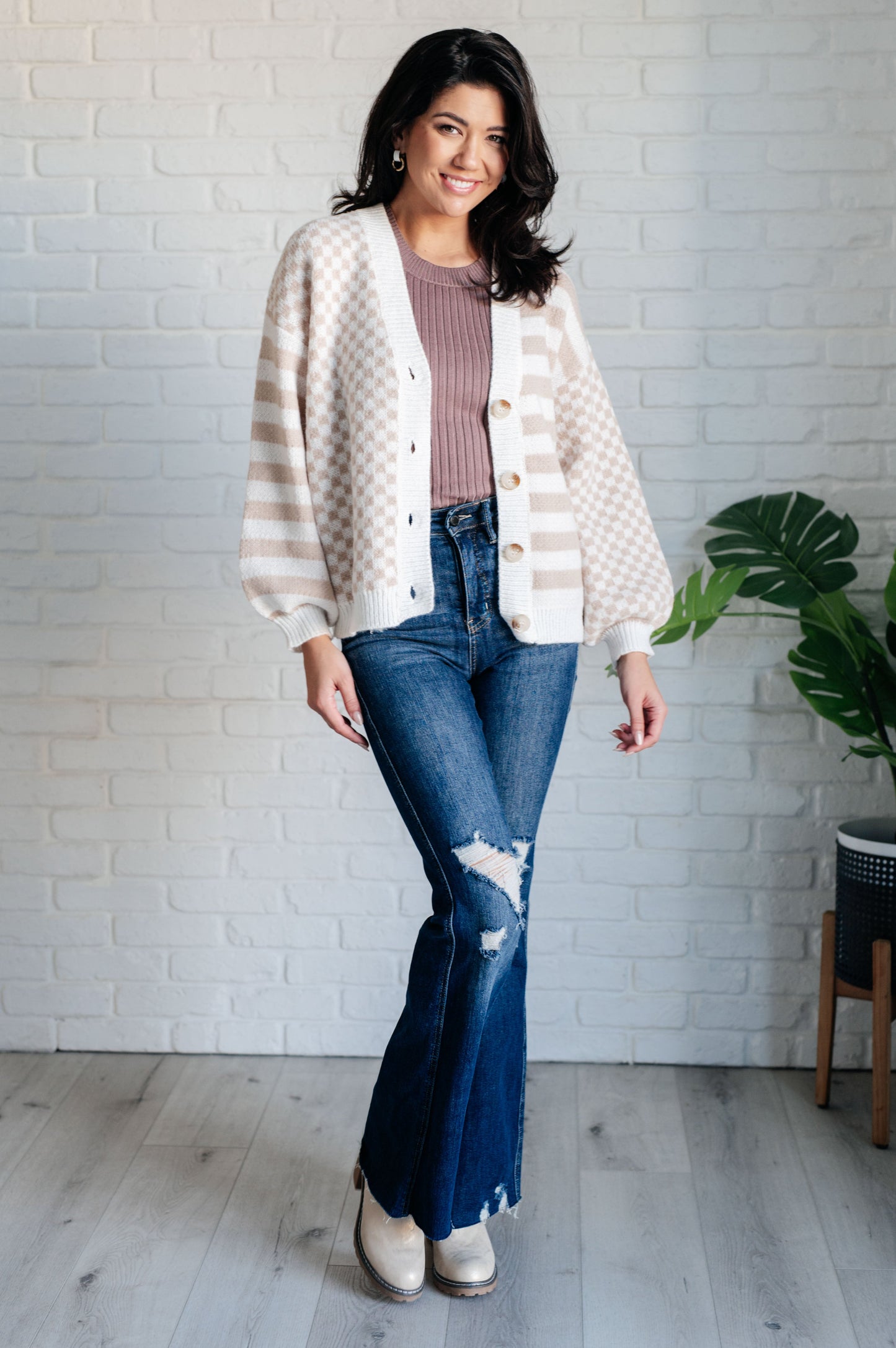Neutral check stripe cardigan with beige and ivory pattern and button front