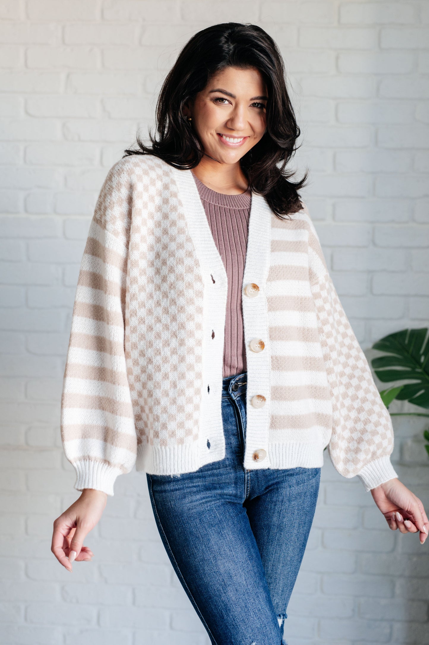 Neutral check stripe cardigan with beige and ivory pattern and button front