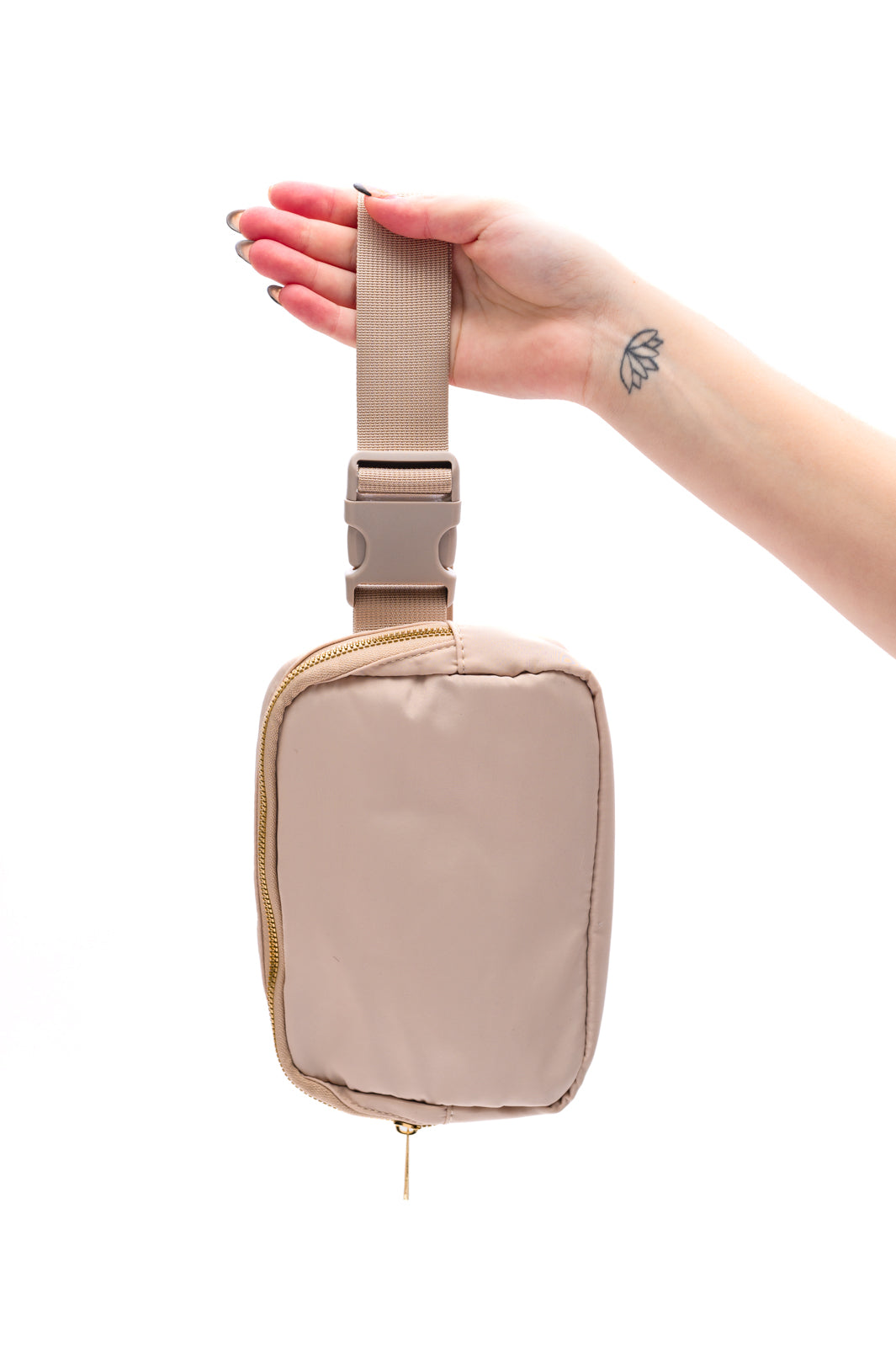 Khaki crossbody belt bag with gold hardware and adjustable strap
