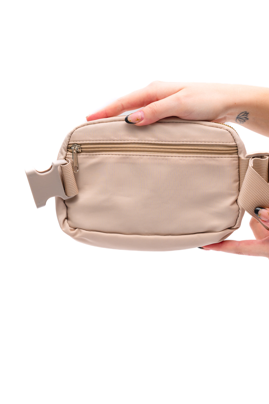 Khaki crossbody belt bag with gold hardware and adjustable strap