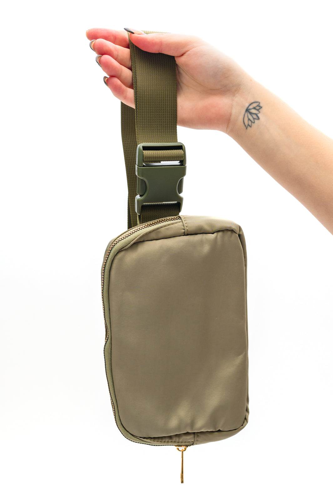 Olive crossbody belt bag with gold hardware and adjustable strap