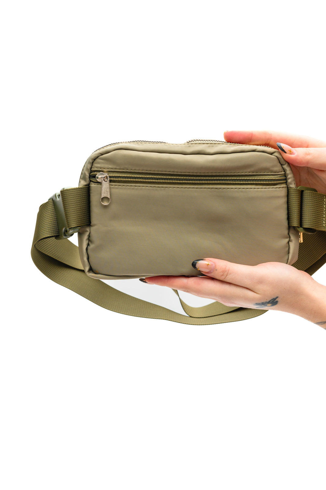 Olive crossbody belt bag with gold hardware and adjustable strap