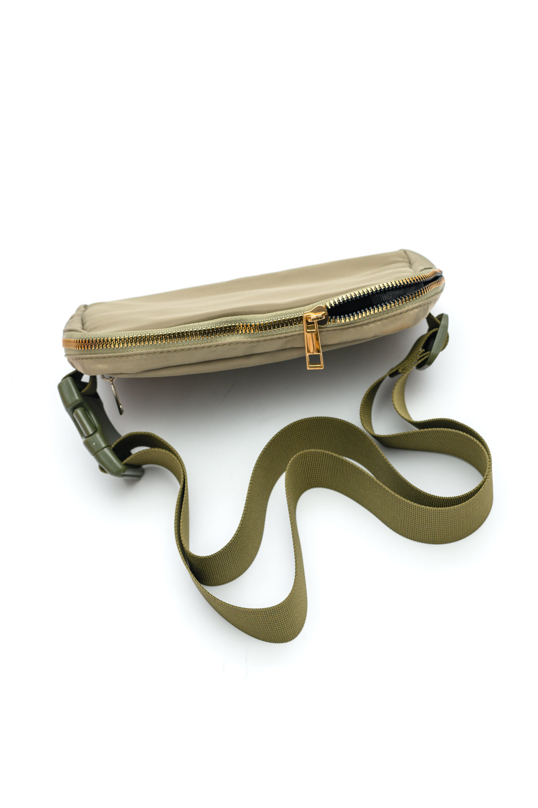 Olive crossbody belt bag with gold hardware and adjustable strap