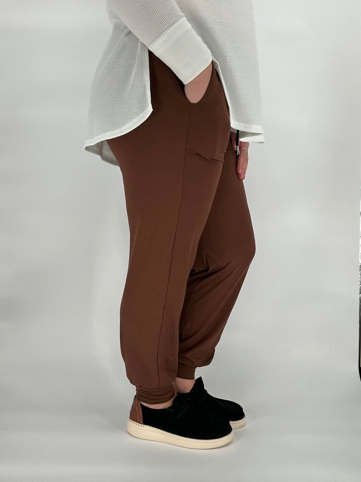 True Brown Joggers with Pockets featuring yoga waistband and soft stretch fabric