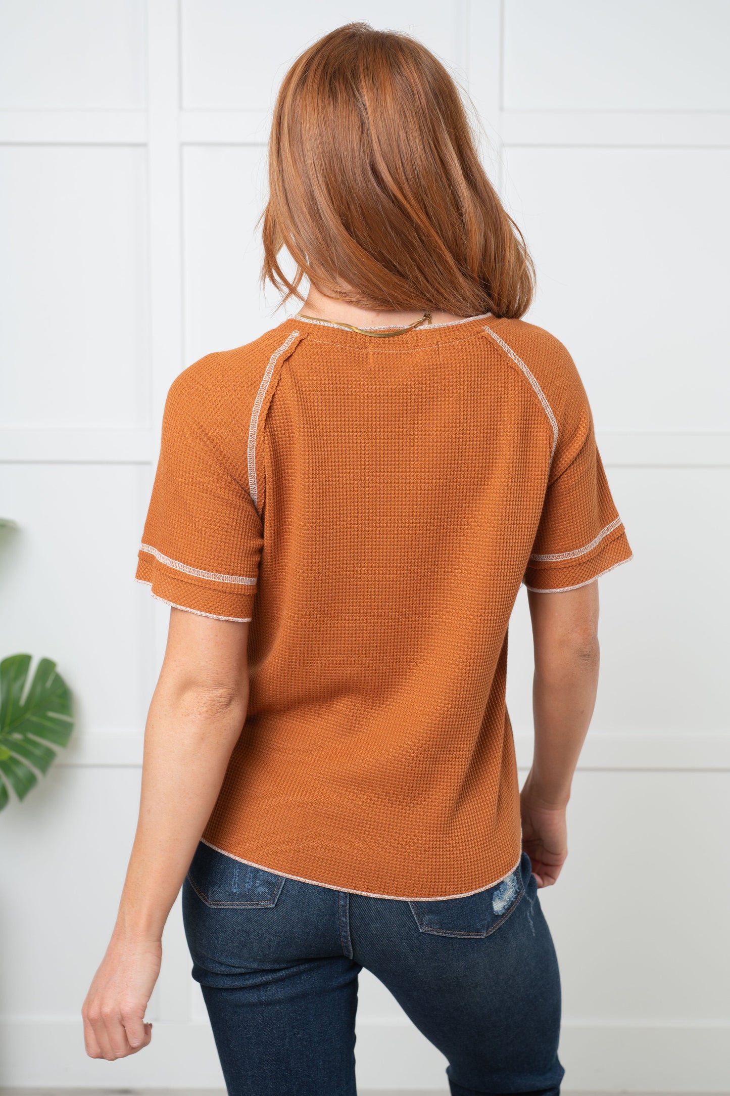 Heartbreaker Waffle Knit Tee in chestnut brown with raglan sleeves and raw edge accents