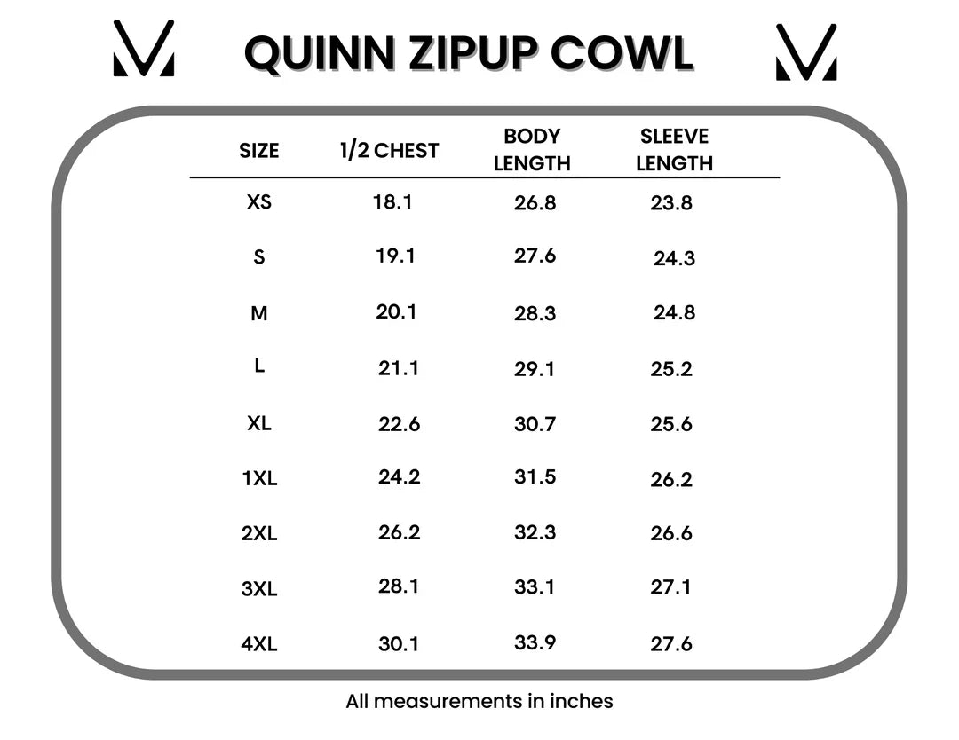 Measurement chart for Quinn Zipup Cowl with size chart and dimensions.