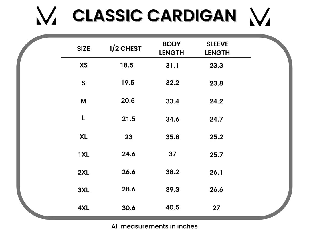 Measurement chart for a classic cardigan with size chart in inches
