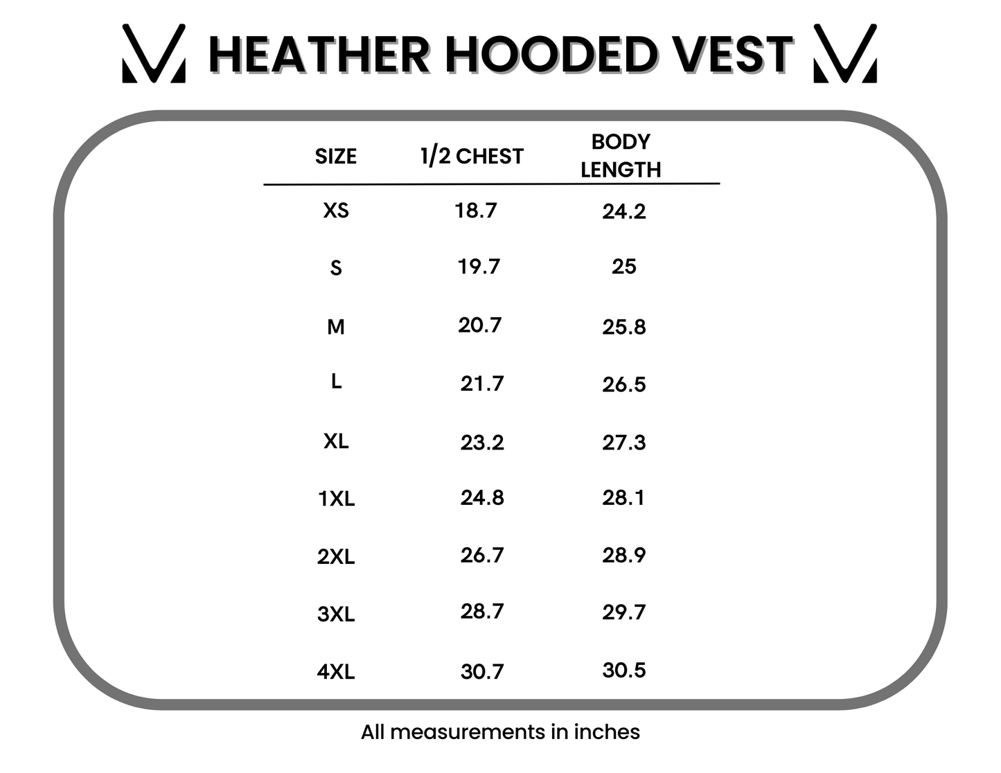 Heather hooded vest size chart with measurements in inches