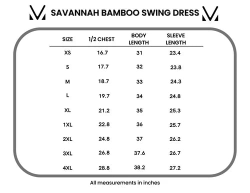 Measurement chart for Savannah Bamboo Swing Dress with size chart on a white background