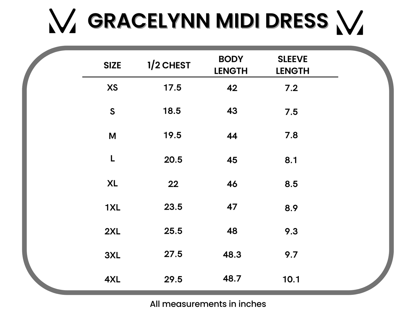 Measurement chart for Gracelynn Midi Dress with size chart