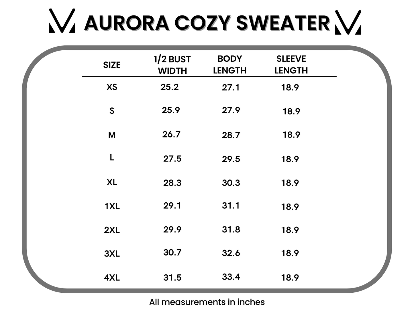 Size chart for Aurora Cozy Sweater with measurements in inches.