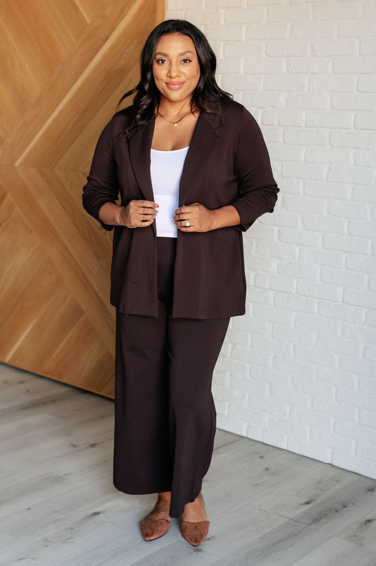 Magic Wide Leg Crop Pants in Chocolate blend comfort and style with Ponte knit stretch and a cropped wide leg cut