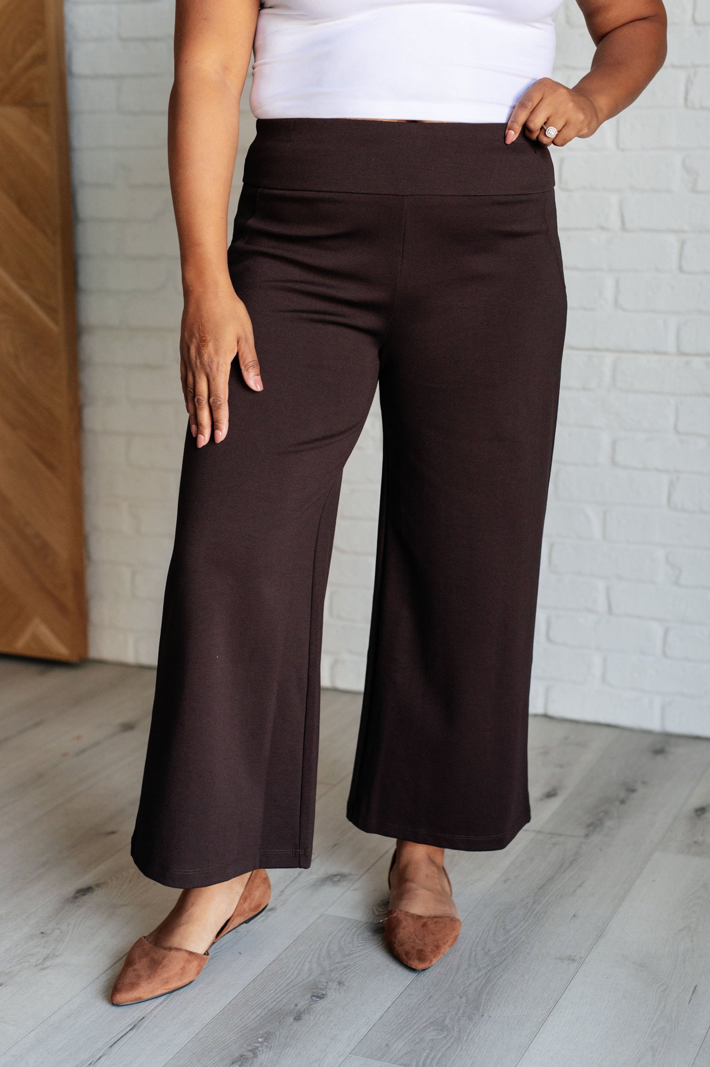 Magic Wide Leg Crop Pants in Chocolate blend comfort and style with Ponte knit stretch and a cropped wide leg cut