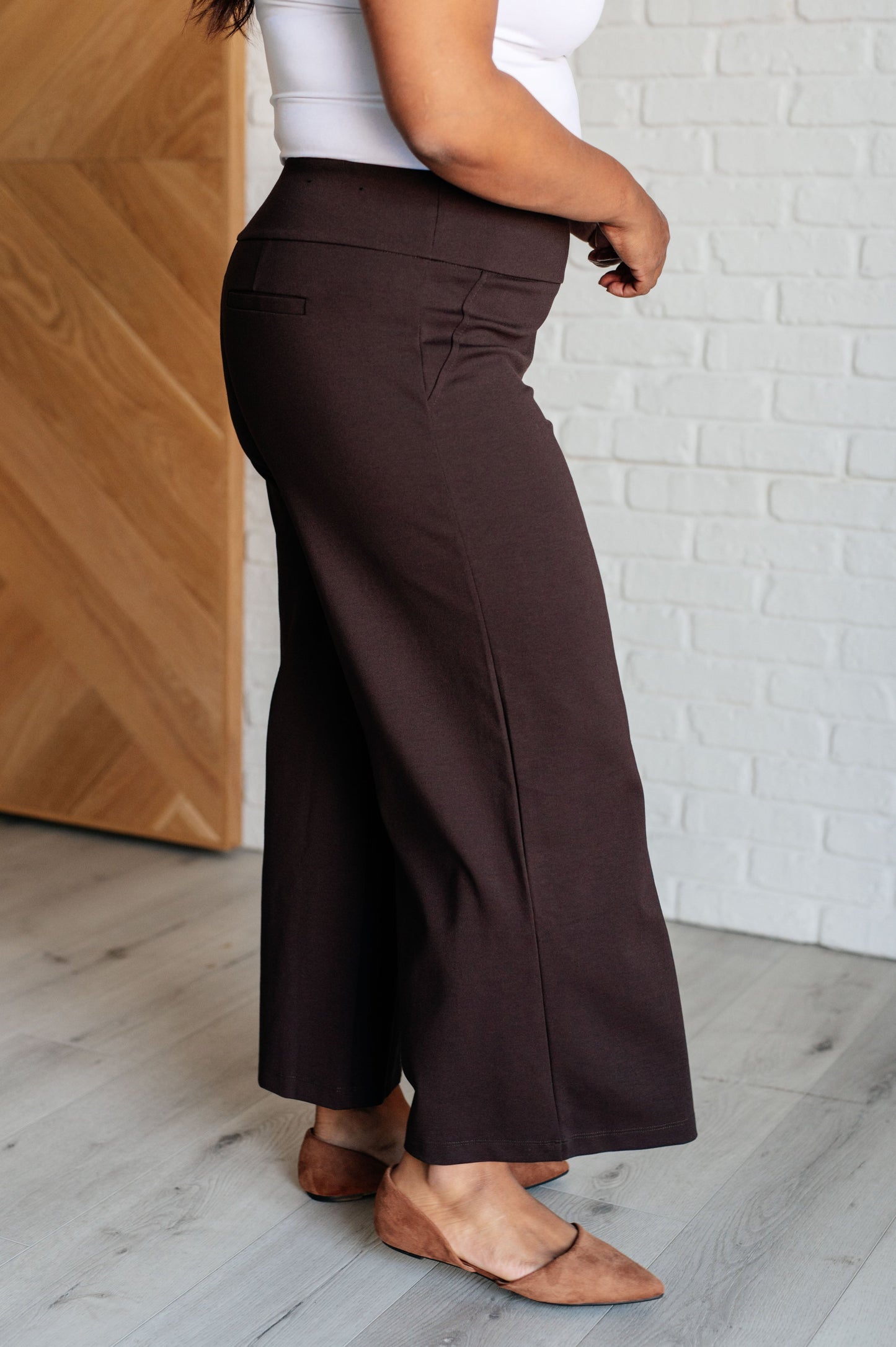 Magic Wide Leg Crop Pants in Chocolate blend comfort and style with Ponte knit stretch and a cropped wide leg cut