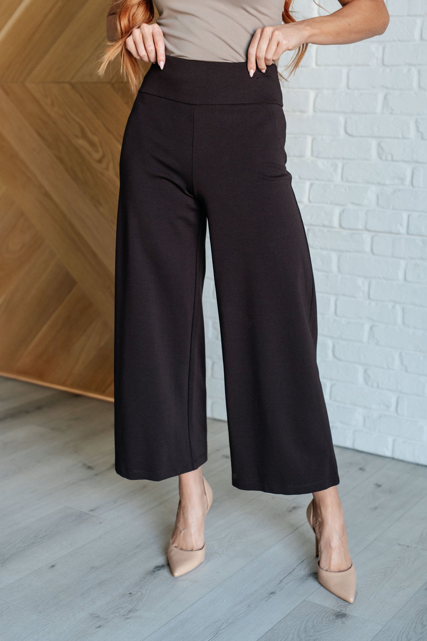 Magic Wide Leg Crop Pants in Chocolate blend comfort and style with Ponte knit stretch and a cropped wide leg cut