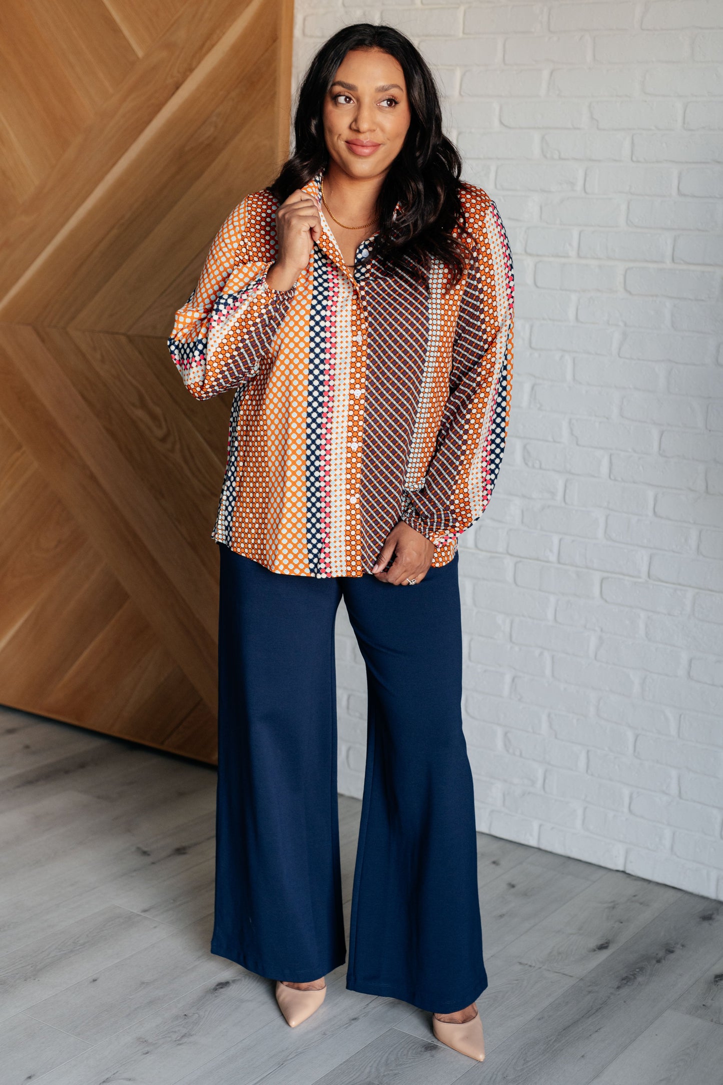 Polka Dot Poplin Top with collared neckline, button front, and balloon sleeves