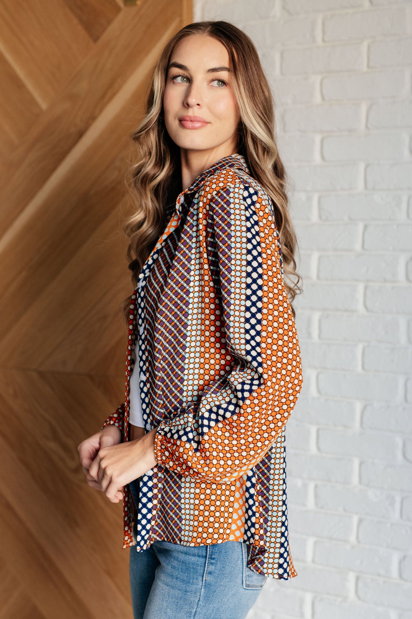Polka Dot Poplin Top with collared neckline, button front, and balloon sleeves